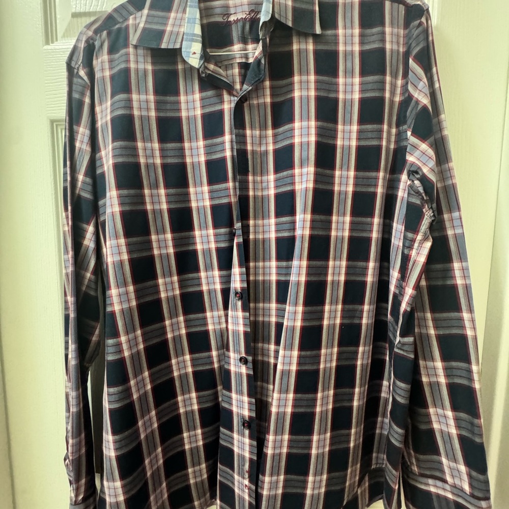 Tasso Elba Navy and Red Plaid Button-Down Shirt